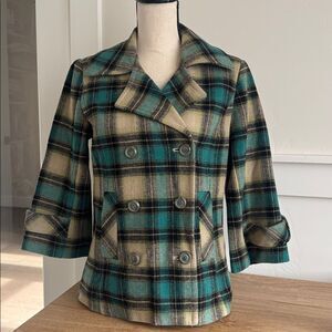 Sundance Women’s Teal Multi Plaid Wool Blend Pea Coat Jacket Cropped Sleeve Sz M